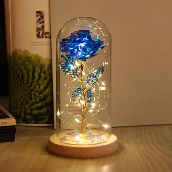 Trandafir decorativ cu LED, floare conservata, lumina ambientala, multicolor, 20x20cm