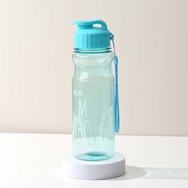 Sticla apa portabila 650ml albastru cu curea, PET, 22x6.5cm, sport si outdoor