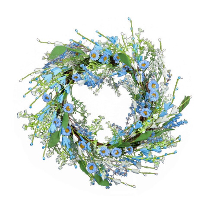 Forsythia műkoszorú, többszínű, 40x40cm, világítással és akasztóval