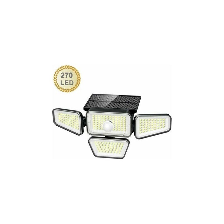 Соларни лампи със сензор за движение, 4 глави, студено бяло, 270 LED, 3000lm, IP65, 2200mAh