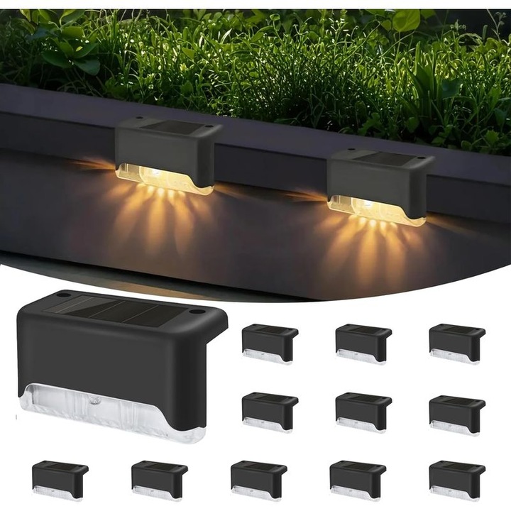 Комплект от 12 соларни LED лампи, топло бяло, черно, IP65, 12x4x3cm