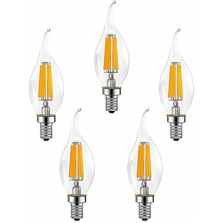 Комплект 5 LED крушки E14 6W, с нажежаема жичка, топло бяла светлина, 2700K, 600LM, 360°