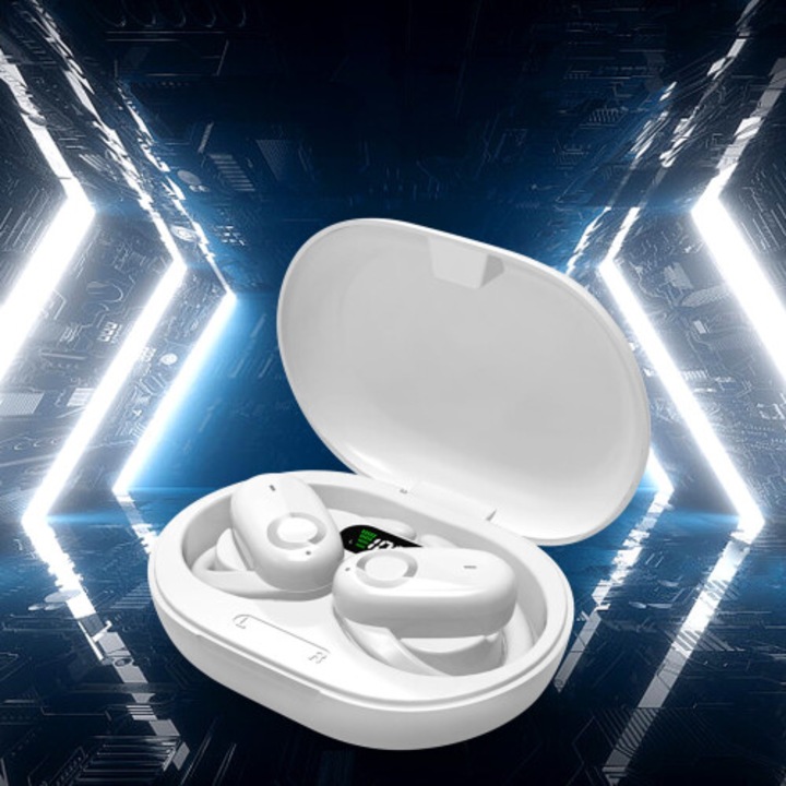 Csontvezetéses Bluetooth fejhallgató, digitális kijelző, fehér, 9.8x6.2x3.3cm