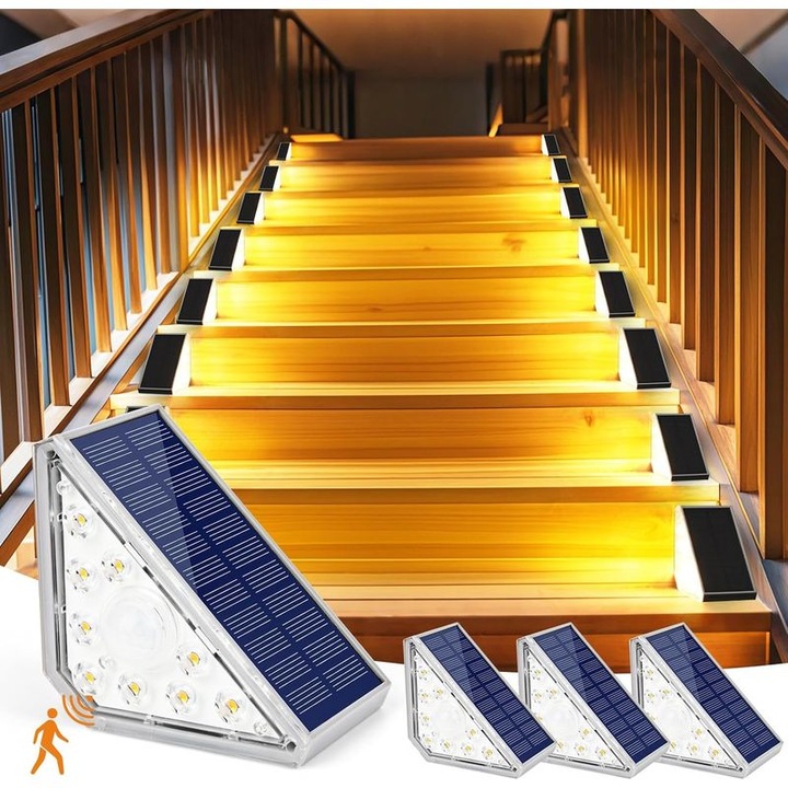 Комплект от 4 соларни лампи за стъпала със сензор, IP65, бял, 12x8x5см