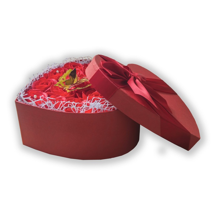 Cutie Inima cu Trandafiri Eterni din Sapun Rosii si Fluture Auriu, Aranjament Floral Romantic Premium, Handmade