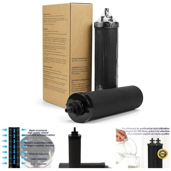 Set 2 filtre apa, compatibil Berkey, carbon activ cocos, negru, 57x248mm