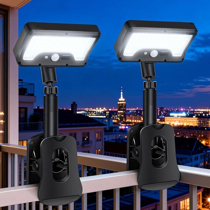 Комплект от 2 соларни лампи с щипка и сензор за движение, бели, LED, IP65, 360°x45°