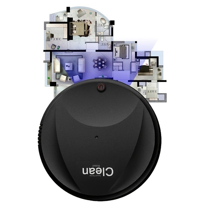 Robot Porszívó Kompakt Újratölthető USB, Automatikus Tisztítás, Seprés és Felmosás Funkció, Oldalkefék, LED, Fekete
