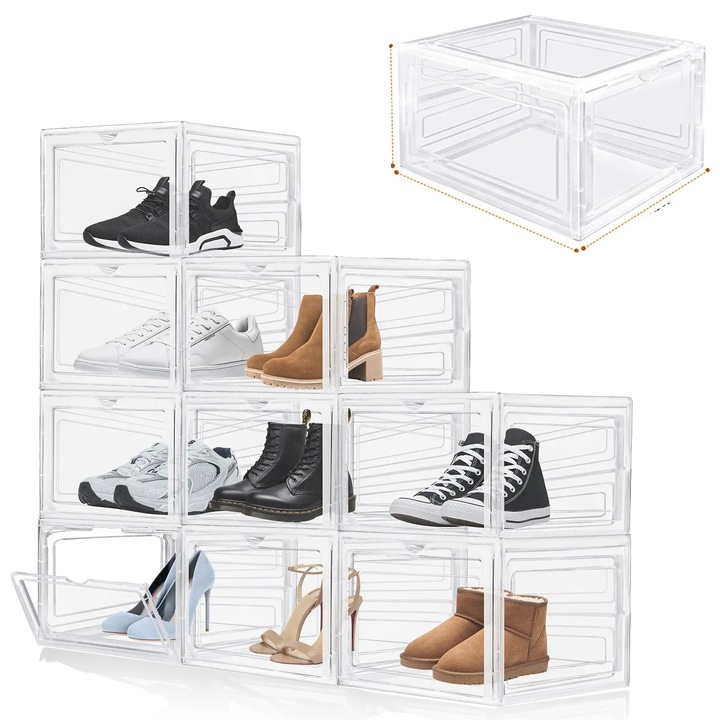 Set 9 cutii depozitare pantofi, plastic transparent, 34x27x19cm, stivuibile