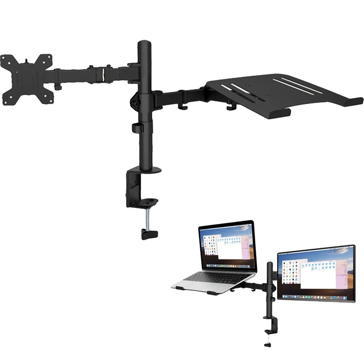 Ergonomikus monitortartó, 360 fokban forgatható, állítható, acél, fekete, 13-27 hüvelyk