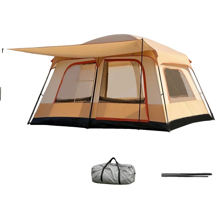 Cort camping, 3-4 persoane, doua dormitoare, bej, 210xoxford, toate sezoanele