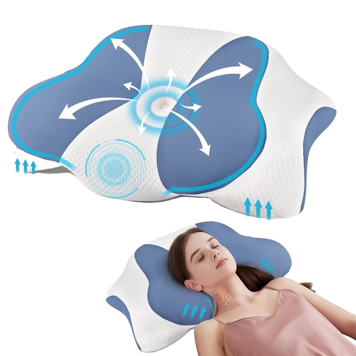 Ergonomikus memóriahabos párna, állítható, fehér-kék