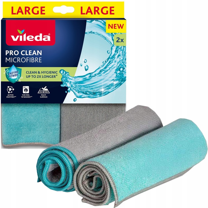 Lavete microfibra Vileda Pro Clean, 2 buc, enzima, gri deschis-turcoaz, 34x30cm