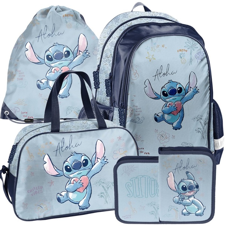 Paso Lilo és Stitch iskolai szett, kék, hátizsák 38x28x15cm, tolltartó, sporttáska, tornazsák
