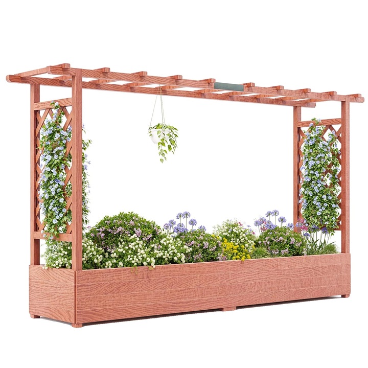 Pat de gradina inaltat cu suport si copertina, lemn, 200.5x44x113.5cm