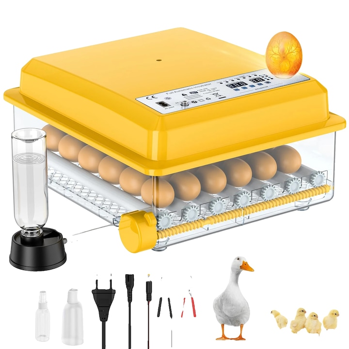 Inkubátor, automata tojáskeltető, hőmérséklet- és páratartalom-szabályozás, LED, fekete, kompakt