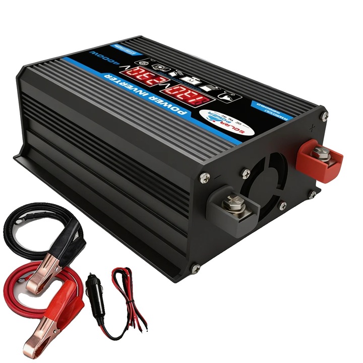 Autós inverter 300W, kettős LCD kijelző, fekete, 12V-220V