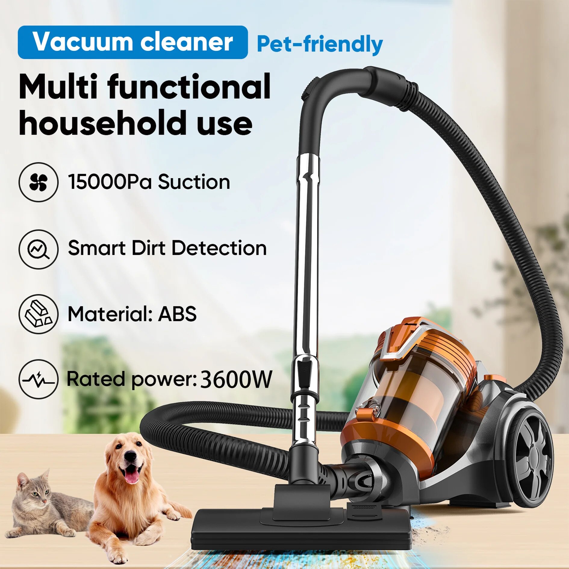 Aspirator cilindric, aspirator cu cablu, 3600W 15000Pa putere de aspirare, filtru multiciclonic, fara sac, cablu 5 m, pentru podele dure si covoare, par de animale, maro