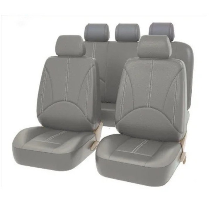 Huse auto scaune set 9 piese, universale pentru masina, set complet cu huse tetiera, material respirabil 4 anotimpuri, compatibil airbag, gri