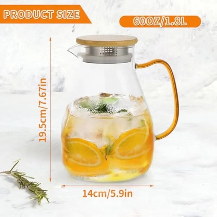 Sticla de apa din sticla 1.8L cu capac din lemn, rezistenta la caldura, transparenta, 1.8L