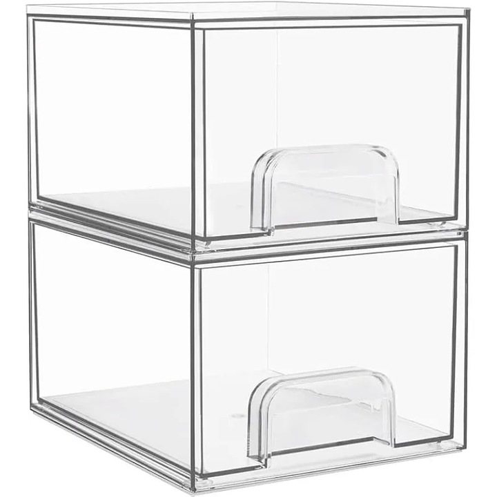 Set 2 cutii depozitare acril transparente, stivuibile, 18.8x15.2x11.2cm, cu paduri antiderapante