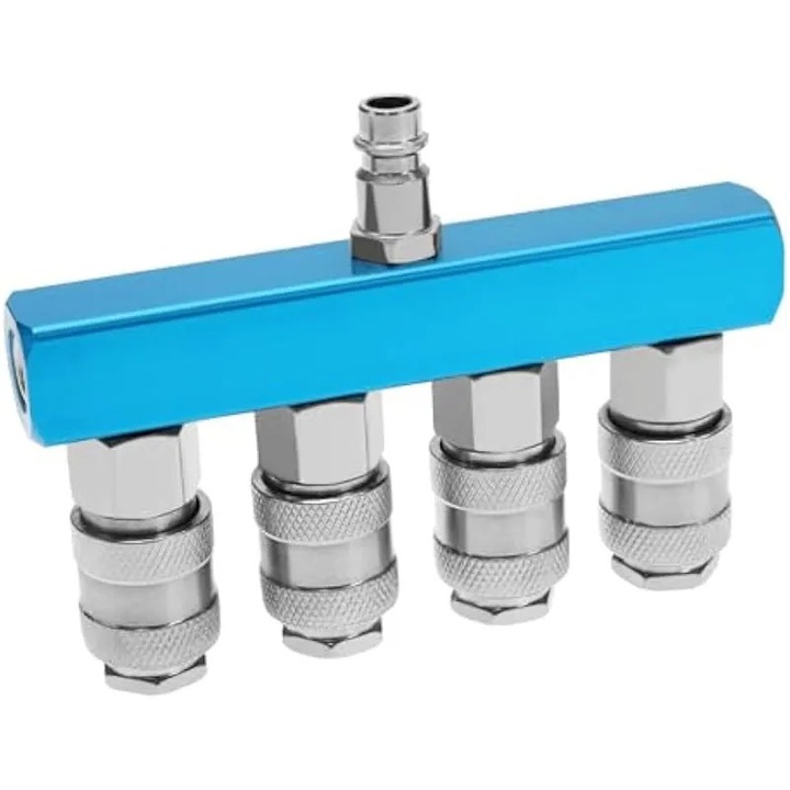 Distribuitor aer comprimat 4 cai 1/4 inch, nichelat, conexiuni rapide