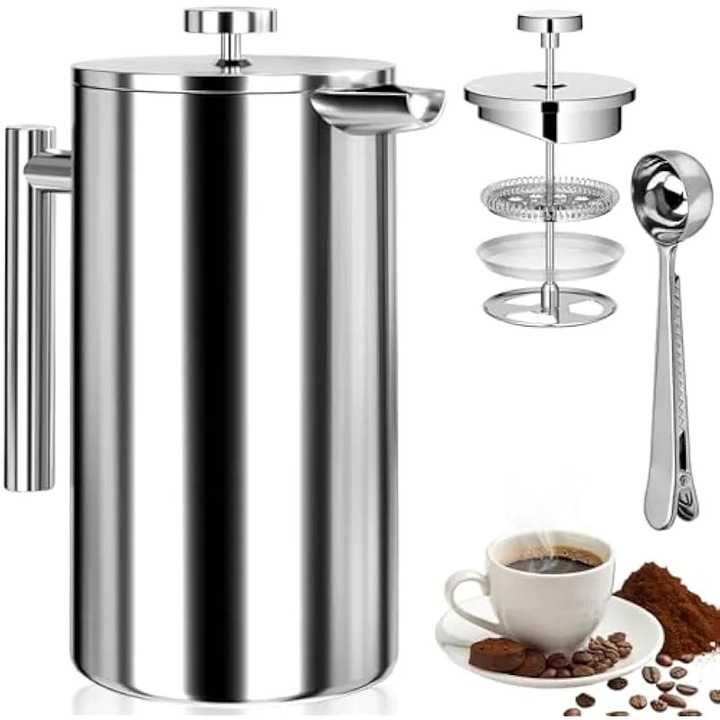 Cafetiera franceza inox 350ml izolatie dubla filtru triplu argintiu