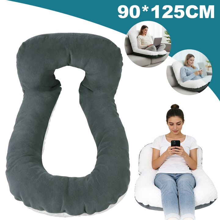 Perna gravide, Bedee, 90*125cm, perna de maternitate, Detasabila si lavabil, Forma ergonomica, Suport pentru spate, picioare, burta, solduri pentru femeile insarcinate, Fibra de poliester, Gri + Alb
