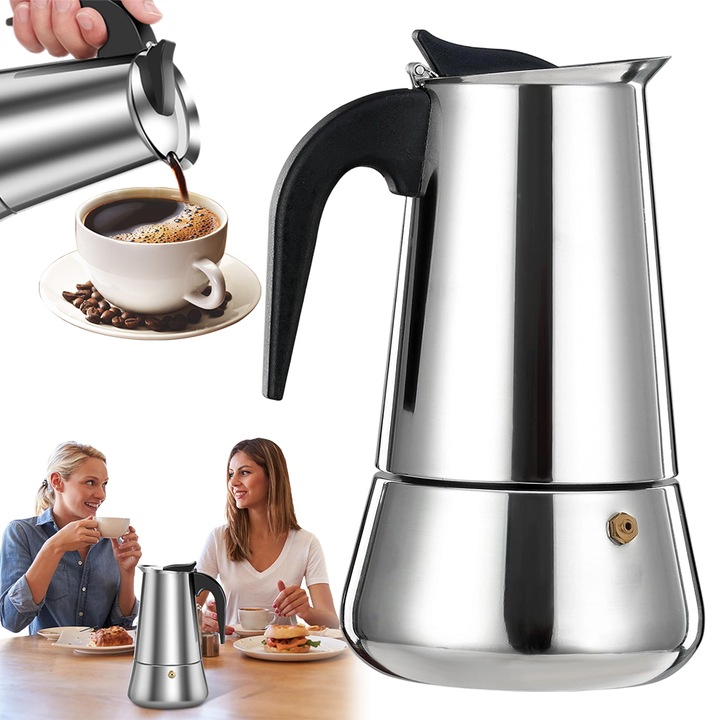 Cafetieră French Press Juksun, inox, 450 ml, argintiu, 20x11cm, perete 6.5mm, filtru triplu