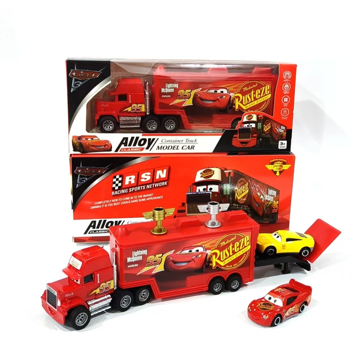 Set Din Metal Rezistent, Camion Transportor Mack cu Rampa, 2 Masinute Fulger Mcqueen si 2 Trofee, Pentru Copii, Remorca cu Compartiment de Depozitare, Vehicul de Curse Rosu, Jucarie Interactiva, Cadou pentru Baieti si Fete, 3+ Ani