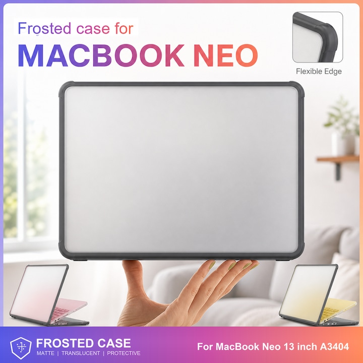Husa pentru MacBook Neo 13 inch A3404, constructie dubla TPU+PC, protectie 360°, negru transparent, Excitat®