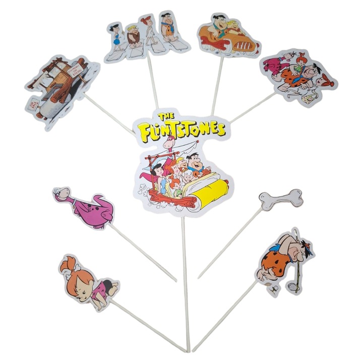 Decoratiune topper tort carton, tematica Familia Flinstone, aniversare - 9 piese