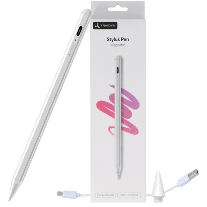 Stylus magnetic Triadyn TRD-MSP01 compatibil cu Apple iPad, iPad Air, iPad Pro si iPad Mini, USB-C, atasare magnetica, pen digital pentru scriere, desen, notite, studiu si utilizare profesionala