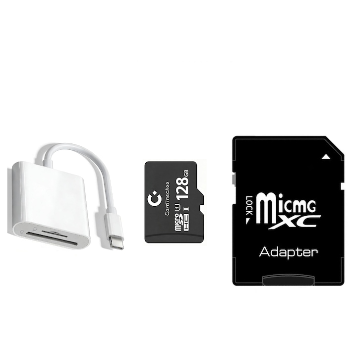 Card De Memorie MicroSD 128 GB carrlinechoo, Cu Adaptor SD Inclus, Clasa 10, De Mare Viteza, Compatibil Cu Camera Foto, Video, Dvr Auto, Camera De Supraveghere, Telefon, Laptop, Tableta, Negru