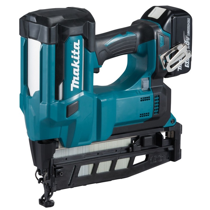 Makita DBN600RTJ szögezőpisztoly, 18V 5Ah akkumulátor, fekete-zöld, 318x107x296mm