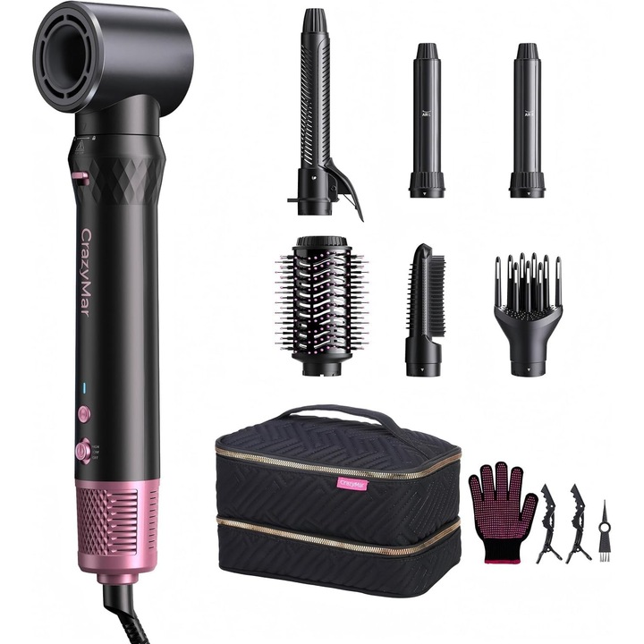 Stylist/Ondulátor professzionális 7 az 1-ben CrazyMar, Coanda Auto-Wrap hatás, Kefe nélküli motor 110000 RPM, 1200W, Ionos technológia, Fekete/Rózsaszín