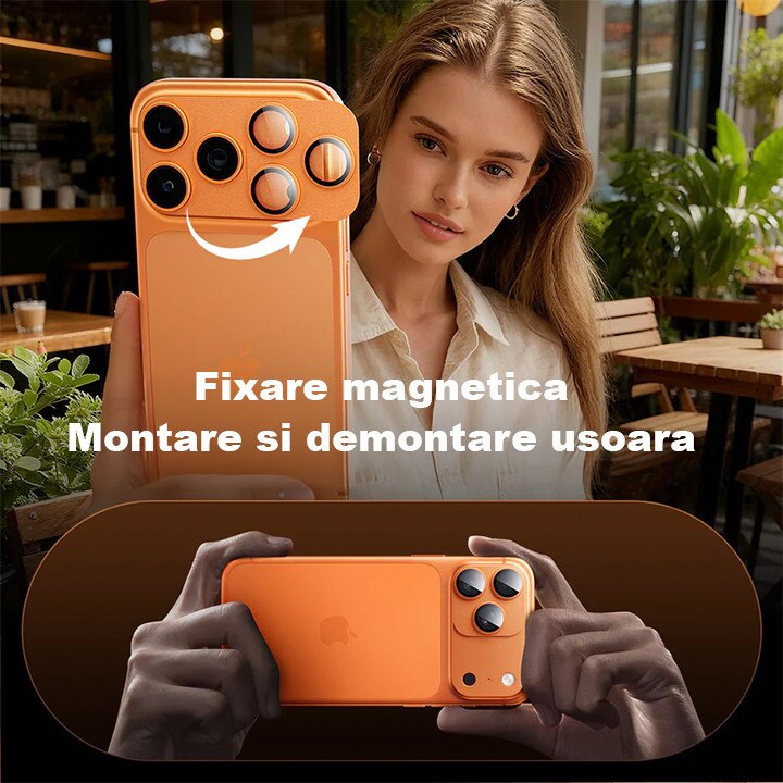 Protectie Camere Sticla Securizata Magnetica Compatibil Cu Apple iPhone 17 PRO MAX, HEYBINGO®, Full Cover, Protectie Completa, Ultra Rezistenta, Calitate Premium, Portocaliu