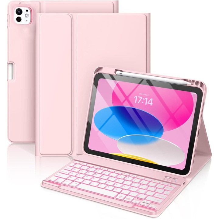 Védőtok iPad Pro 11 inch-hez billentyűzettel (kompatibilis a 2024 M4 / 2025 M5 modellekkel), levehető mágneses vezeték nélküli billentyűzet 7 színű háttérvilágítással, Bluetooth csatlakozás, USB Type-C, állvány funkció, stylus tartó rekesz, rózsaszín