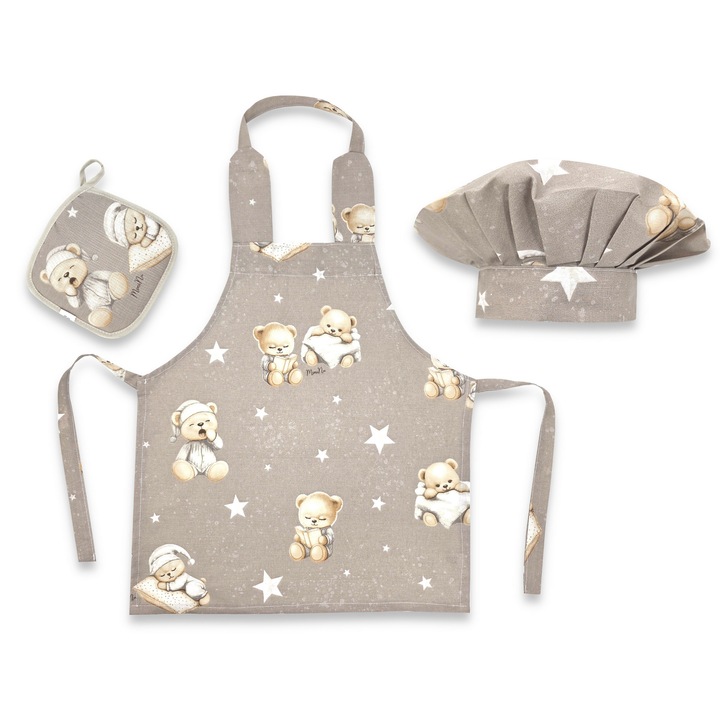Set Micutul bucatar, MimiNu, Cu sort, o boneta si accesoriu pentru vase calde, Din bumbac certificat Oeko Tex Standard 100, Bedtime story beige