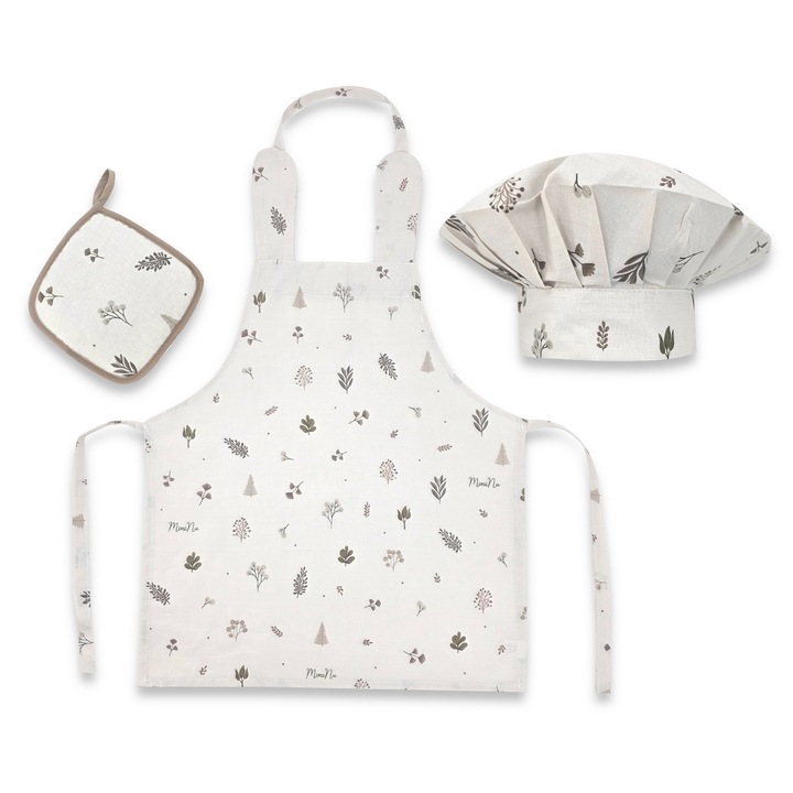 Set Micutul bucatar, MimiNu, Cu sort, o boneta si accesoriu pentru vase calde, Din bumbac certificat Oeko Tex Standard 100, Leaves