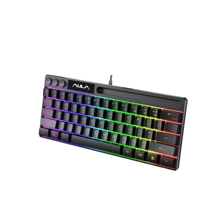 Геймърска мембранна клавиатура с кабел Aula F3061 RGB с 61 клавиша, USB интерфейс за връзка с компютър/лаптоп, спестяващ място дизайн със слот за телефон