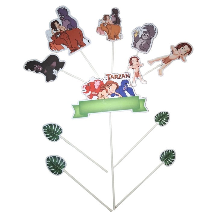 Decoratiune topper tort carton, tematica Tarzan, aniversare - 10 piese