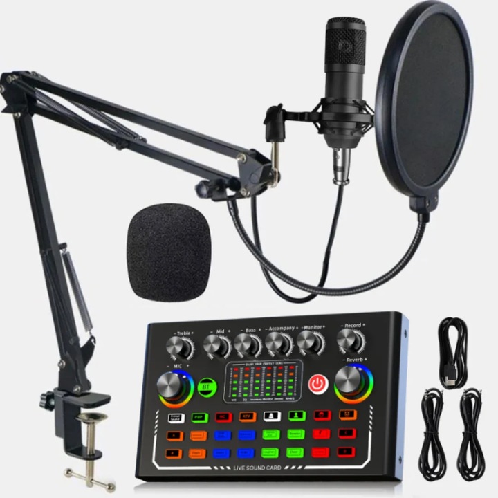 Set microfon pentru streaming, Microfon headset cu condensator + placa de sunet USB, Cu cablu, Baterie integrata, Pentru PC si telefon, Pro studio, Negru
