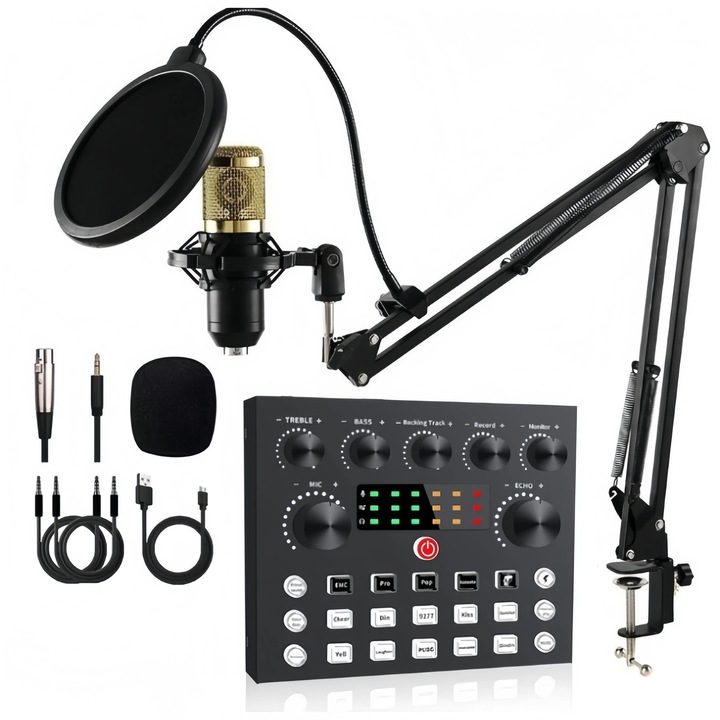 Set microfon cu placa de sunet, Mixer Bluetooth, Fara fir, Pentru PC si telefon mobil, Inregistrare si live streaming, Auriu