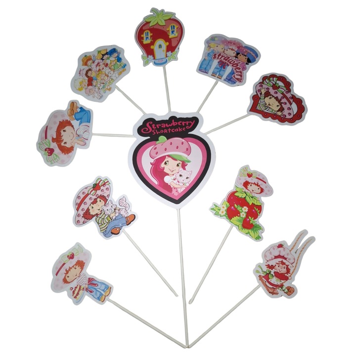 Decoratiune topper tort carton, tematica Capsunica (Strawberry Shortcake), aniversare - 10 piese