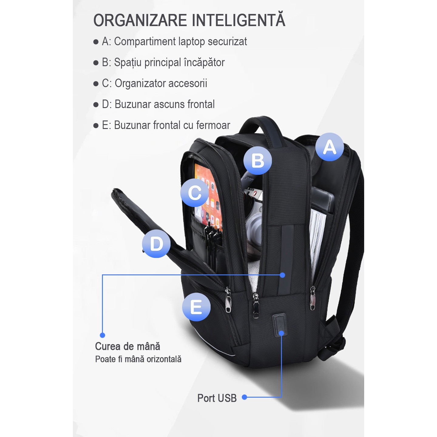 Geanta pentru laptop de 16, 2 inch, rucsac de birou de mare capacitate, rucsac de calatorie cu mai multe compartimente, rucsac pentru navetisti, echipat cu porturi duale Type-C si USB-A, material impermeabil, dimensiuni 45*30*17 cm, negru