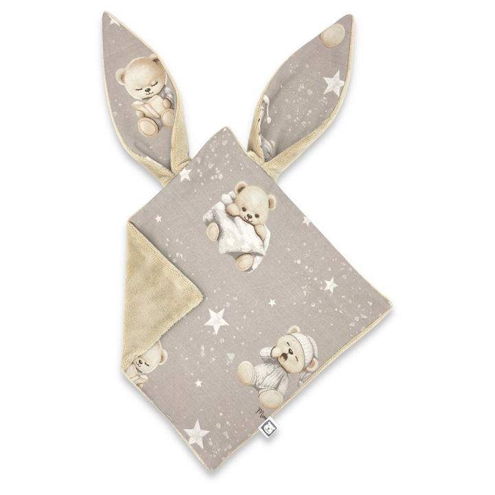 MimiNu szenzoros textil játék, Puha, Kétoldalas, 30 x 30 cm, Minky anyagból és pamutból, Oeko Tex Standard 100 tanúsítvánnyal rendelkező anyagok, Bedtime story beige
