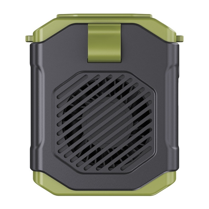 Hordozható derékventilátor, világítás funkcióval, öt sebességfokozat, csendes, derékon vagy nyakon hordható, 100*68*113 mm, 4 W, zöld