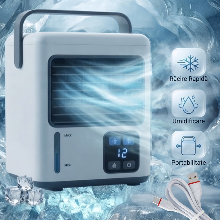 Racitor de Aer Portabil Mini 3-in-1Infiniteea™️, Aer Conditionat Portabil Mini, Racire, Umidificare si Purificare, Filtru Lavabil, Afisaj Digital, USB sau Baterii AAA, Design Compact pentru Birou si Dormitor, Puternic si Silentios, Alb