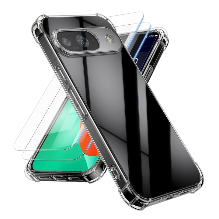 Husa Kalibri pentru Google Pixel 9, protectie la socuri, TPU, sticla temperata, transparent